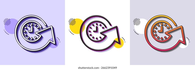 Ícone Atualizar linha do tempo. Padrão pontilhado de meio-tom. Ícone de gradiente com sombra de grão. Atualizar sinal de relógio. Ícone de tempo de atualização de linha. Vários desenhos. Vetor