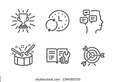 Update Time, Messages And Trophy Icons Simple Set. Engineering Documentation, Drums And Target Signs. Refresh Clock, Notifications. Education Set. Line Update Time Icon. Editable Stroke. Vector