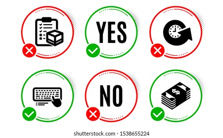 Update time, Parcel checklist and Computer keyboard icons simple set. Yes no check box. Usd currency sign. Refresh watch, Logistics check, Pc device. Buying commerce. Business set. Vector