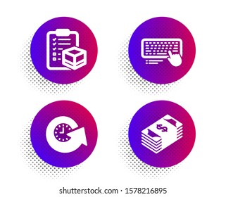 Update time, Parcel checklist and Computer keyboard icons simple set. Halftone dots button. Usd currency sign. Refresh watch, Logistics check, Pc device. Buying commerce. Business set. Vector
