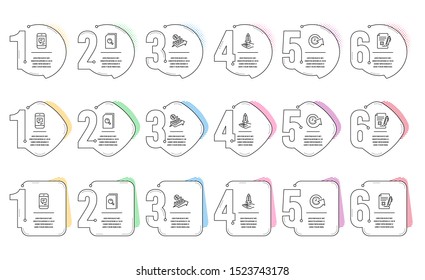 Update time, Search files and Message line icons set. Infographic timeline. Reject file, Loan percent and Crowdfunding signs. Refresh watch, Magnifying glass, Phone messenger. Vector