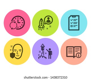 Update time, Startup and Face protection icons simple set. Fireworks, Interview and Technical info signs. Refresh clock, Developer. Science set. Flat update time icon. Circle button. Vector