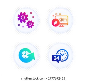 Update time, Work and Web system icons simple set. Button with halftone dots. 24h service sign. Refresh watch, Settings, Computer. Call support. Technology set. Gradient flat update time icon. Vector