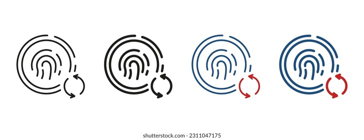 Update Touch ID Pictogram. Reset Password by Fingerprint Identification Line and Silhouette Icon Set. Change Finger Print Symbol Collection. Refresh Security. Isolated Vector Illustration.