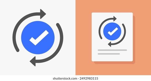 Update transaction icon vector, rotating check mark tick as automatic pay graphic illustration set flat cartoon, sync verification spin cycle logo image clip art