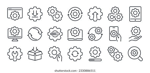 Update, upgrade, progress bar and install concept editable stroke outline icon isolated on white background flat vector illustration. Pixel perfect. 64 x 64.