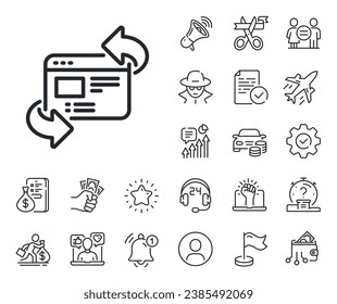 Update web page sign. Salaryman, gender equality and alert bell outline icons. Refresh website line icon. Refresh website line sign. Spy or profile placeholder icon. Online support, strike. Vector