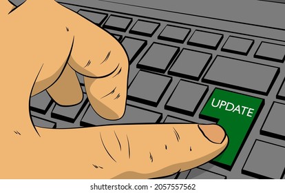 Actualizar la palabra en el teclado del equipo. El hombre empuja el teclado del teclado. Concepto de estilo de libro de historietas.