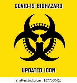 Updated Biohazard Coronavirus Caution Sign. Corona Virus Icon. Stop covid-19 Pandemic Badge. Coronavirus outbreak Design Concept. 