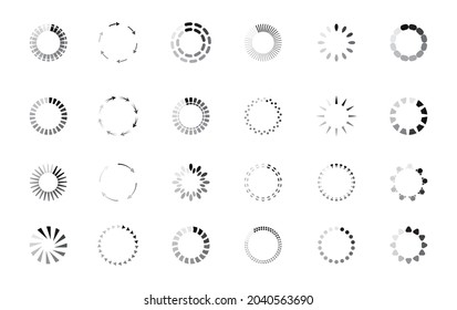Updated progress circle bar set icon vector. Loader symbol button. Load progress bar for app, websites, UI. Upload status collection or download round process is shown. Web page elements. 