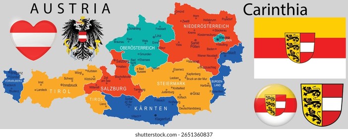 Updated vector of Carinthia Austria coat of arms, flag and map. Latest version for Austrian themed designs, education, and regional identity use.