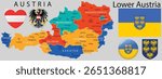 Updated vector of Lower Austria coat of arms, flag and map. Latest version for Austrian themed visuals, education, and regional identity content.