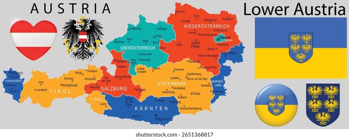 Vetor atualizado do brasão de armas, bandeira e mapa da Baixa Áustria. Versão mais recente para imagens com tema austríaco, educação e conteúdo de identidade regional.