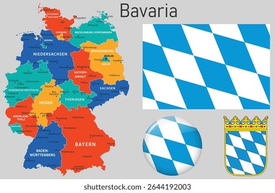 Updated vector set of Bavaria, Germany, featuring the official flag, coat of arms, and map. Perfect for education, editorial, and regional design projects.
