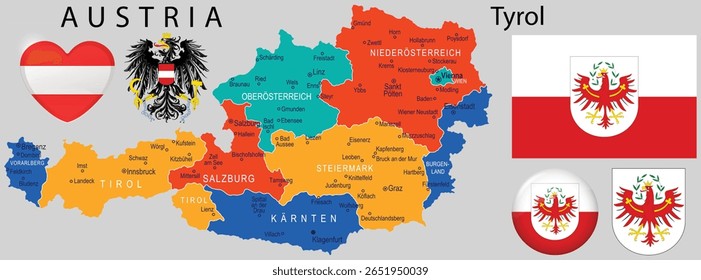 Updated vector of Tyrol Austria coat of arms, flag and map. Latest version for Austrian themed visuals, education, and regional identity content.