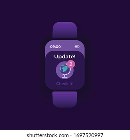 Updates notice smartwatch interface vector template. Mobile app notification night mode design. New posts, messages reminder screen. Flat UI for application. Globe on smart watch display