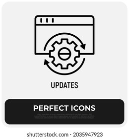Updates, reload thin line icon. Cogwheel in arrows on web page. Modern vector illustration.