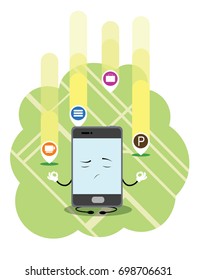 Updating city map illustration. Fun cartoon phone sit as if he meditate. Vector