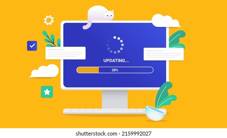 Updating Computer - Desktop PC Screen With Load Bar And Loading Wheel Waiting To Be Updated. Vector Illustration