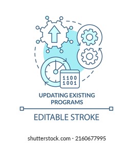 Updating existing programs turquoise concept icon. Programming skill abstract idea thin line illustration. Isolated outline drawing. Editable stroke. Arial, Myriad Pro-Bold fonts used