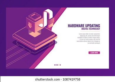Updating, modernization, improvement of the device, increasing efficiency, module installation, Server room microchip, data isometric vector