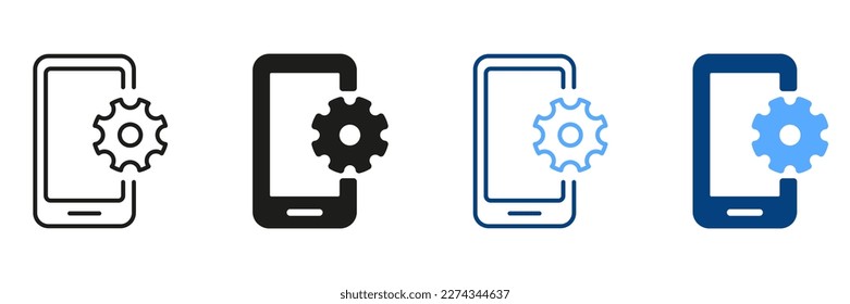 Updating Operating System, Repair Mobile Phone Pictogram. Update Smartphone Line and Silhouette Icon Set. Setting Up Smartphone Symbol Concept. Gear and Mobile Sign. Isolated Vector Illustration.