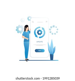 Updating operating system, version in program for smartphone. Girl configures, installs, downloads, loads application on Internet. Woman with download interface, gears.