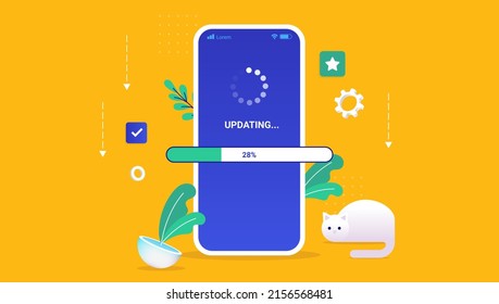 Updating Phone Operating System - Smartphone With Loading Wheel And Load Bar On Blue Screen. Semi Flat Vector Illustration