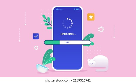 Updating Phone - Smartphone With Load Bar And Loading Wheel. System Update Concept, Vector Illustration