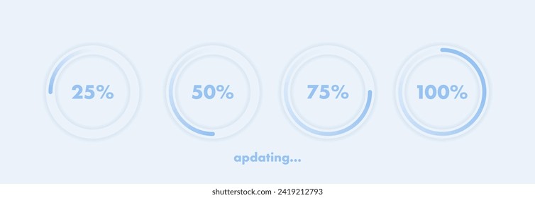 Actualizando el proceso con la barra de carga. Diagramas de círculo con porcentaje de carga. Concepto de actualización y actualización del software del sistema. Ilustración vectorial.