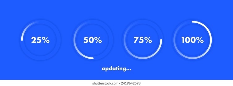 Updating process with loading bar. Circle diagrams with percentage of load. System software update and upgrade concept. Vector illustration.