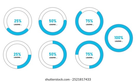 Updating process with loading bar. Circle diagrams with percentage of load. System software update and upgrade concept. Vector illustration.
