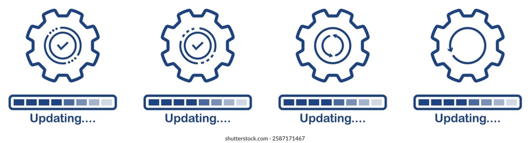 Updating progress loading bar with gear icons, system update, software installation, process optimization, and technology upgrade. Loading process. Update system icon.