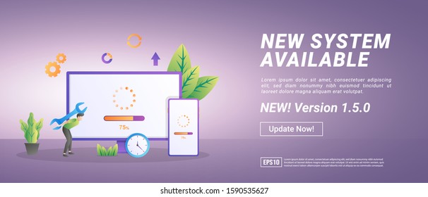 Updating system concept. The process of upgrading to System Update, replacing newer versions. Suitable for web landing page, marketing, advertising, promotion, banner. Vector illustration