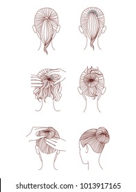 Updo or bun hairstyle step by step set.