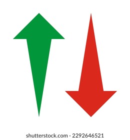 Flechas rojas verdes que rompen hacia arriba. Un símbolo de dirección bidireccional. Aislado sobre un fondo blanco.