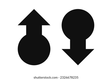 Icono de la silueta de flechas de círculo hacia arriba. Un símbolo de dirección de marcador negro bidireccional. Aislado sobre un fondo blanco.