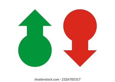 Flecha arriba hacia abajo verde, flechas de círculo rojo. Un símbolo de dirección de marcador de dos direcciones. Aislado sobre un fondo blanco.