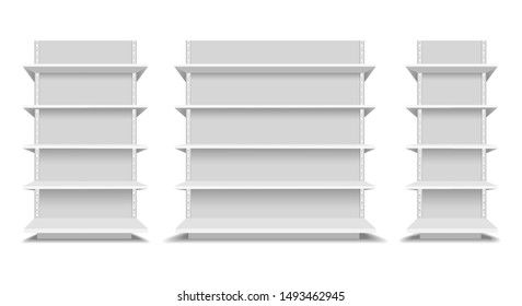 upermarket shelfs mockup. Store or shop shelving set vector illustration, supermarkets empty shelve set isolated, blank market retail product display template image
