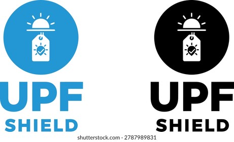 UPF Shield sunscreen protection logo showing sun and price tag badge with checkmark in blue and black.