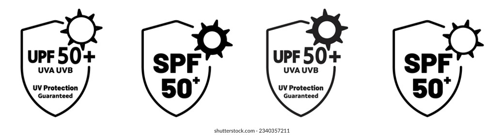 UPF SPF symbol Icon sign set vector collection in black and white flat shield to protect skin from heat, sun burn due to sunlight in summer for better health care. Anti uv ray radiation sticker web ui