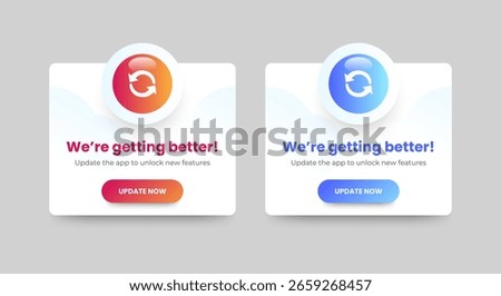 Upgrade available banner notification pop up design with red and blue background. app update. User-friendly design materials. isolated background. vector