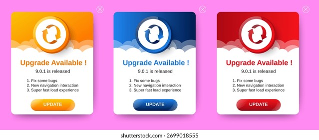 Upgrade available banner pop up notification design template. Digital notification that use on a website or app, usually with a banner design. new version, feature update, or subscription offer. 