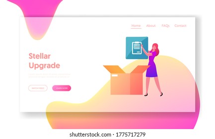 Upgrade, Free Download Landing Page Template. Woman Character Put App Icon in Box. Stream or Upload Torrent Data from Servers, Online Media Content, Internet Technologies. Cartoon Vector Illustration