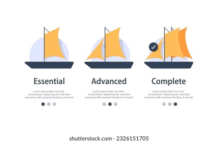 Upgrade or improvement concept with ships, small and big boat comparison, three options, best choice