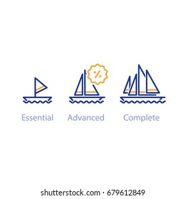 Upgrade or improvement concept with ships, small and big boat comparison, three yachts options, best choice, vector line icons