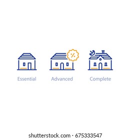 Upgrade or improvement concept, small and big houses comparison, three options, best choice, vector line icons