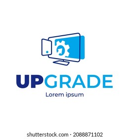 Upgrade logo design. Smartphone and computer screen vector illustration. Gear with arrow up vector design.