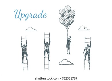 Upgrade. Men compete by climbing higher up the stairs. A woman is flying faster on balloons. Vector illustration, business concept, hand drawn sketch.