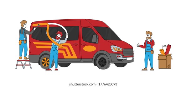 Upgrade and Modification Service for Transportation. Garage or Salon Workers Characters Make Car Tuning Put Stickers on Auto Body. Modernization Transport, Business. Linear People Vector Illustration